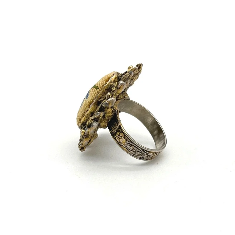 Vintage Petit Point Embroidery Floral Ring Mixed‎ Metal Ornate Adjustable Band